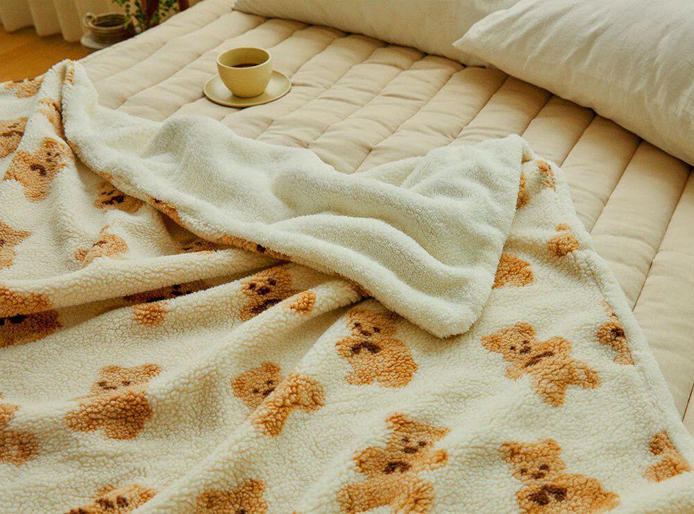 韓國 Bebe deco - 搖粒絨泰迪熊保暖毯-米白