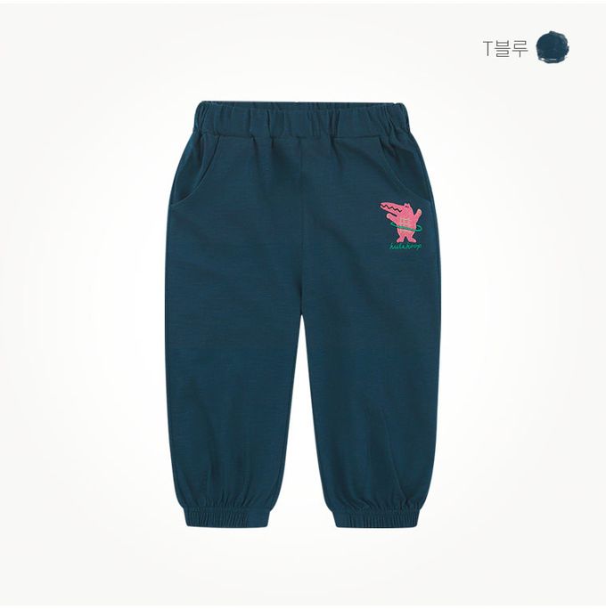 韓國 milk mile - 鬆緊腰鱷魚刺繡縮口長褲-淺杏