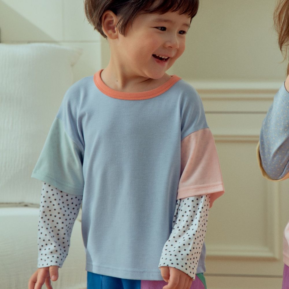 First Blue 假兩件拼色波點長袖上衣-灰藍