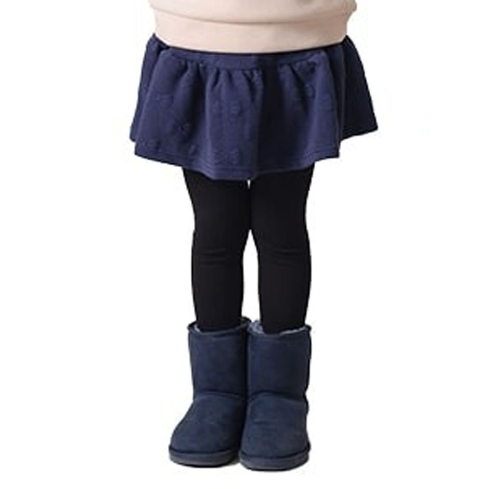 日本 TORIDORY - 極暖彈性裏起毛內搭褲裙-立體蝴蝶結-深藍