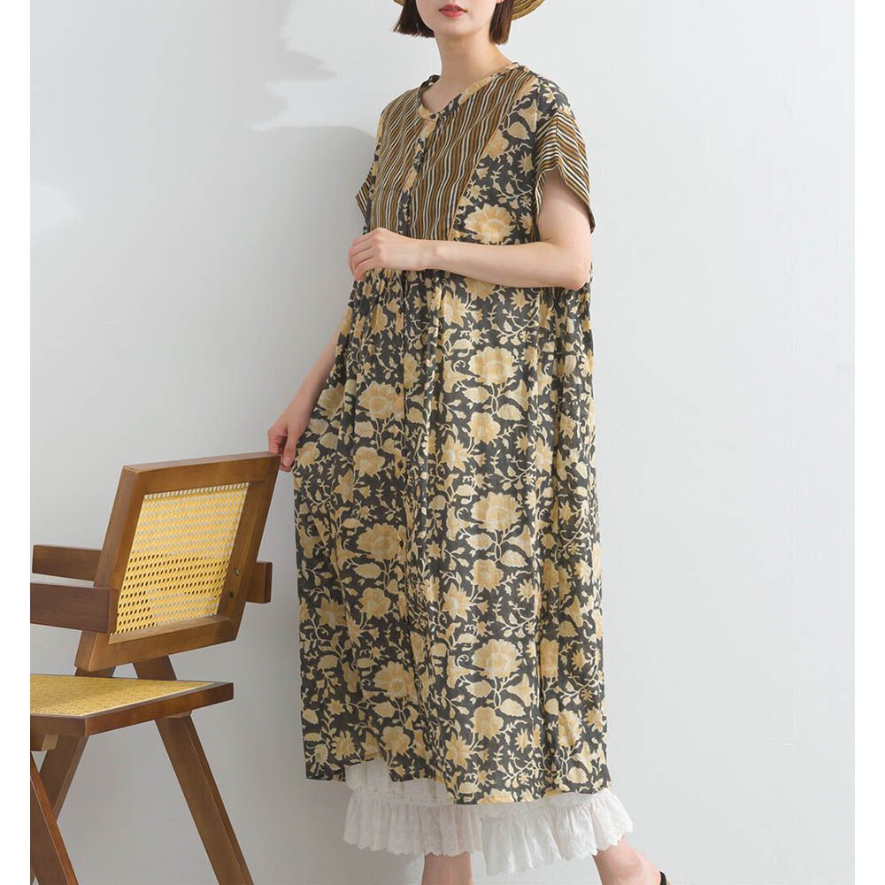 前後2way 自然風花卉印度棉輕盈洋裝-深灰x棕黃
