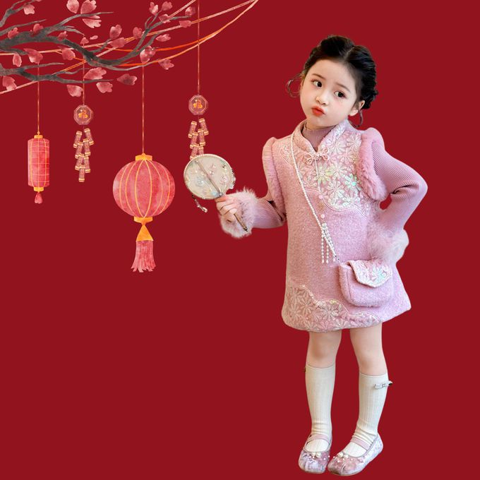 love, charlotte - 甜美新中式旗袍領七彩亮片花朵洋裝贈珠鏈斜背包-拜年新年戰袍