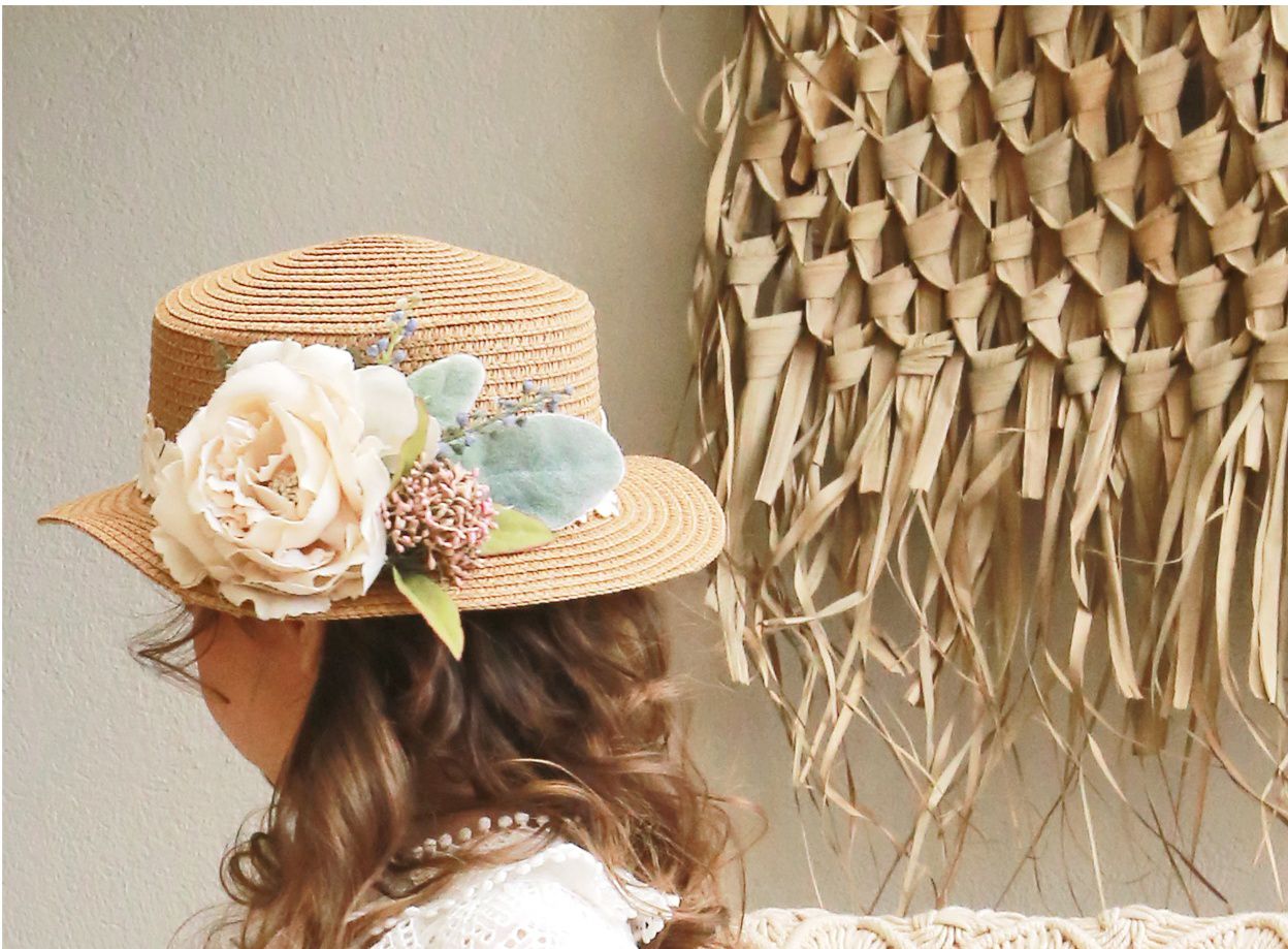 韓國 PuellaFLO - 華麗花朵鏤空花圈草帽-米白色花