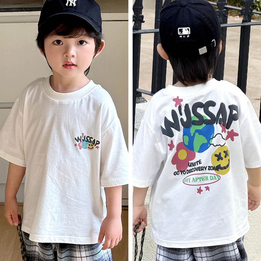 純棉圓領短袖上衣-地球字母-米白