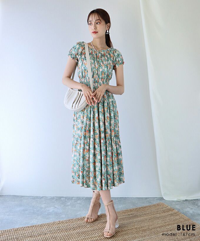 日本 BLUE EAST - 絕美平口縮腰泡泡袖洋裝-碎花-藍