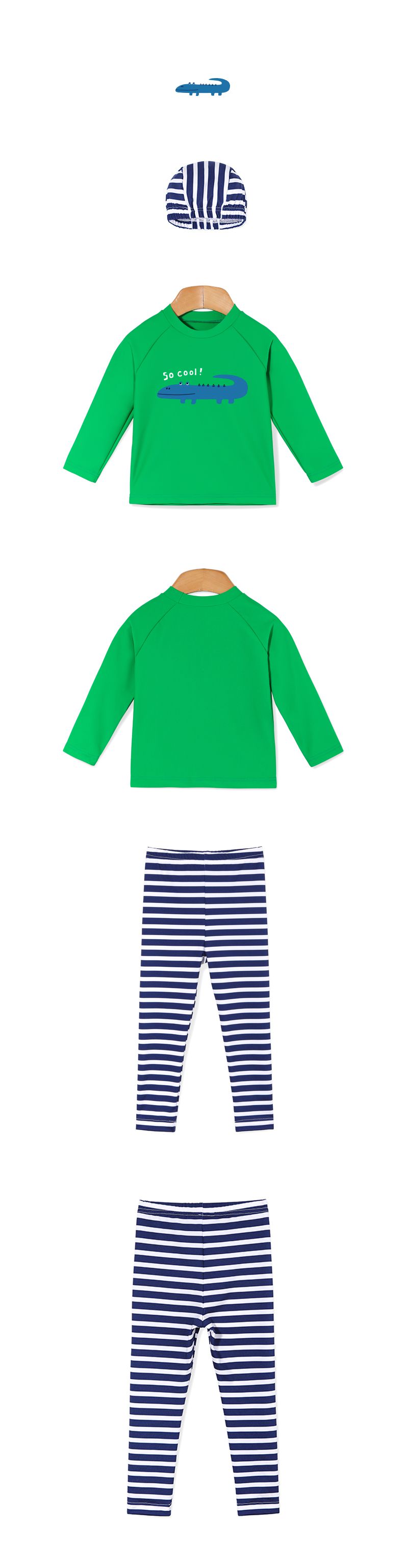 韓國 OZKIZ - 抗UV防曬兒童泳裝-三件組-綠色鱷魚