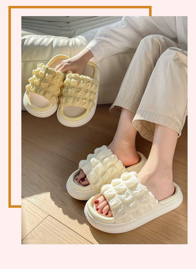 厚底海綿感亞麻室內拖鞋-鬆餅格-灰色