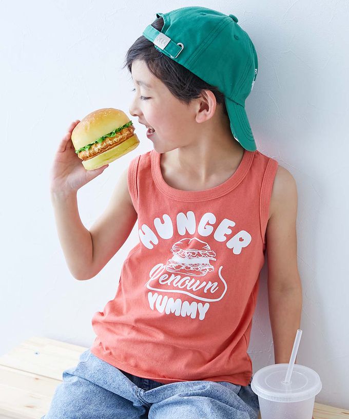 日本 devirock - 100%棉 定番印花無袖上衣-漢堡-珊瑚橘