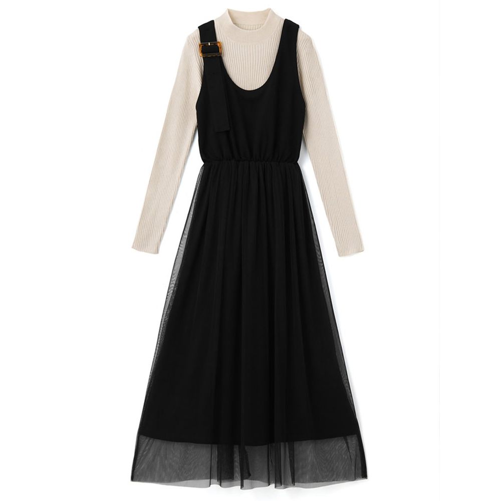日本 GRL - 設計感撞色薄紗吊帶裙X素色針織上衣套裝-黑X米