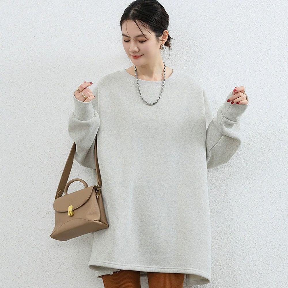 (內裡加絨)寬鬆廓形小開衩長袖上衣-白灰 (F)