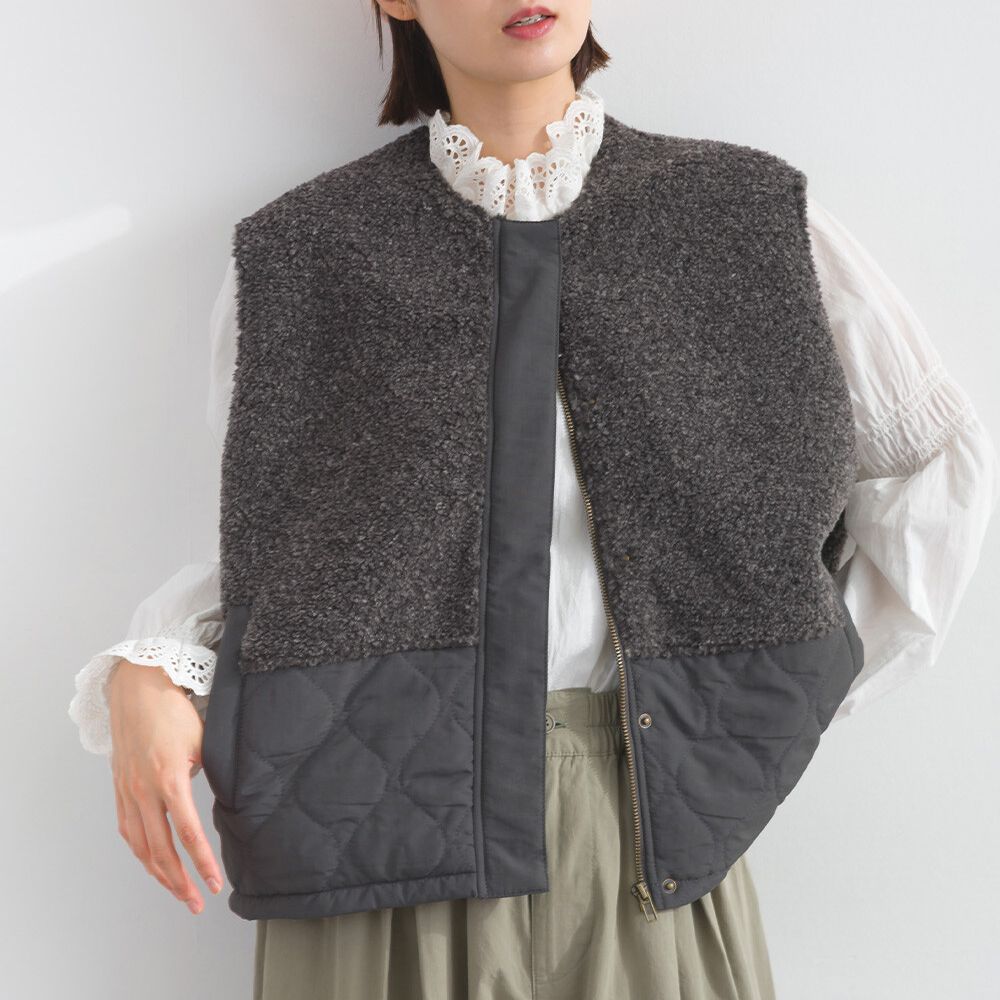文青風異素材毛絨拼接保暖背心-炭灰