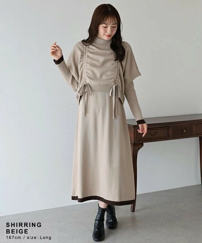 日本 BLUE EAST - [經典款]氣質針織斗篷綁帶長袖洋裝2件組-深摩卡x黑