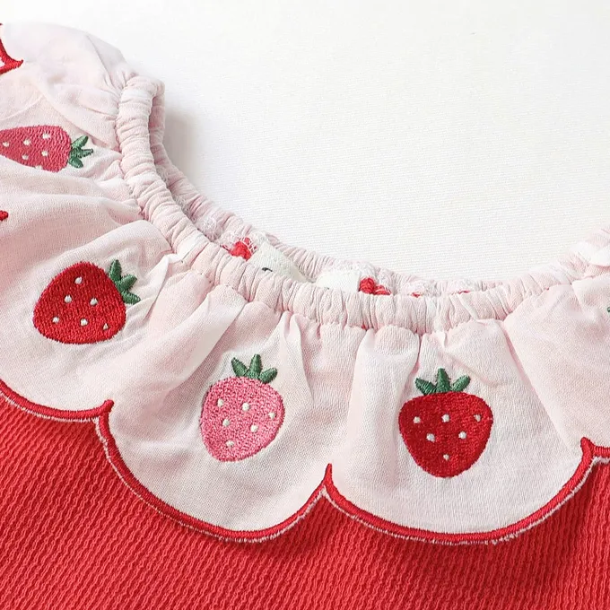 日本 ZOOLAND - 水果樂園 甜心草莓荷葉領長袖上衣-紅