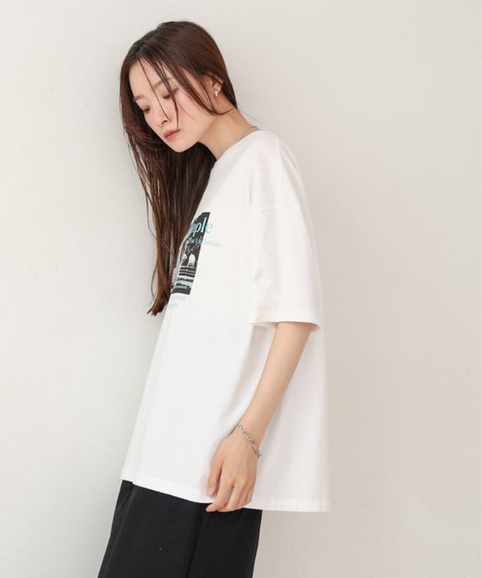 日本 Bab - 100%棉 極簡照片印花五分袖上衣-杏底綠字 (M)