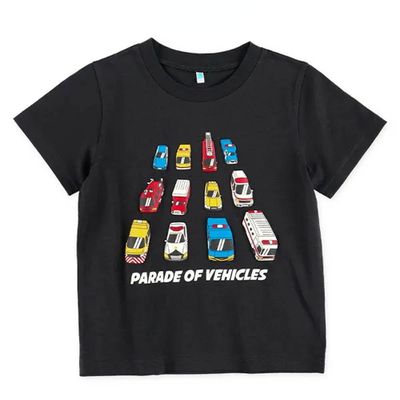 日本西松屋 - 立體印花短袖上衣-消防車車-灰黑