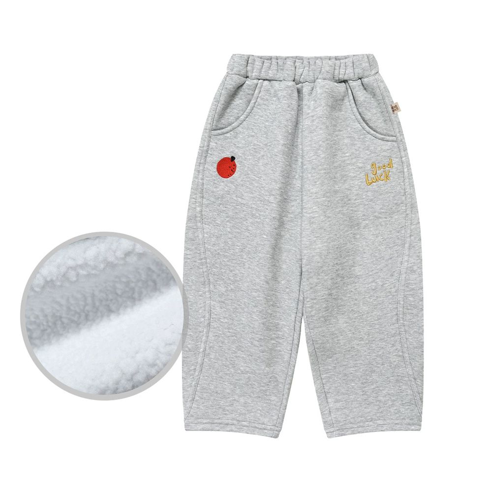 內刷絨立體刺繡彎刀褲/繭型褲-大吉大利-淺灰