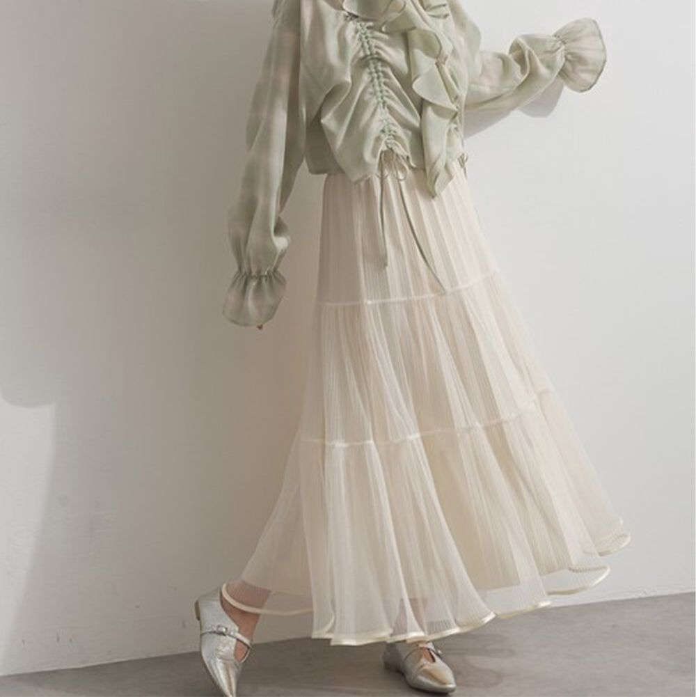 飄逸分層微閃亮百褶紗裙(全腰鬆緊)-米白