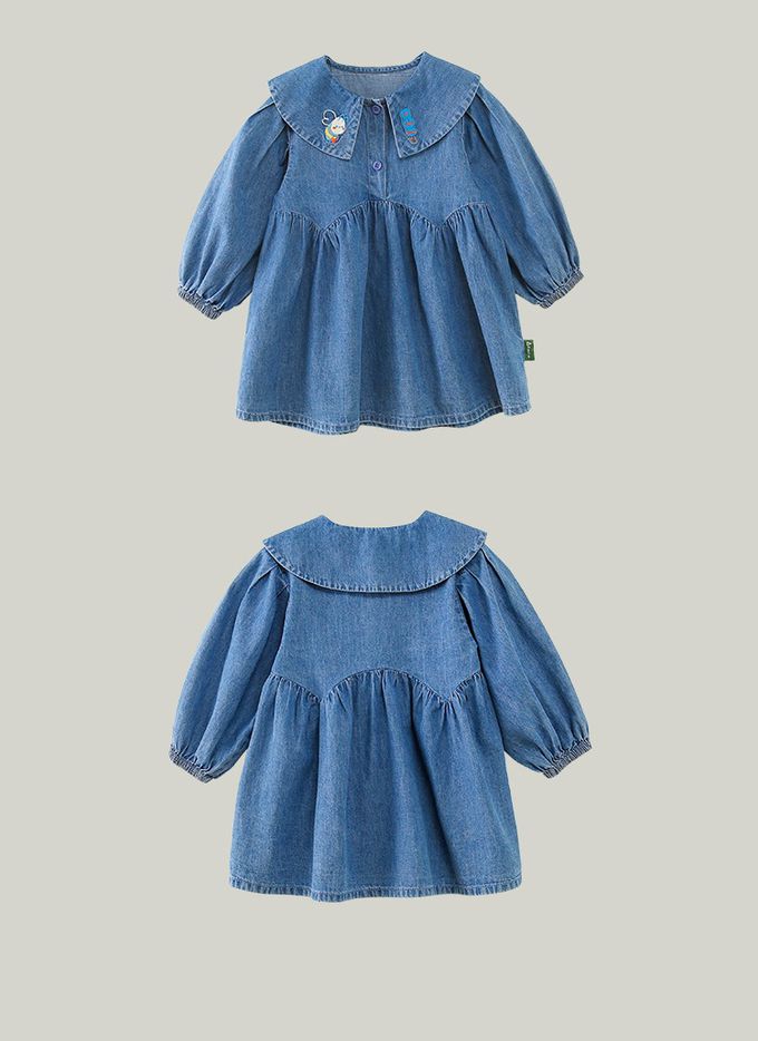 純棉百搭長袖牛仔連身裙-勤勞小蜜蜂-牛仔藍