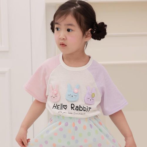 韓國 Coco rabbit - Hello小兔子點綴短袖上衣-粉X紫