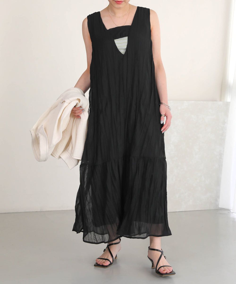 日本 Bab - V領浪漫飄逸無袖洋裝-米杏