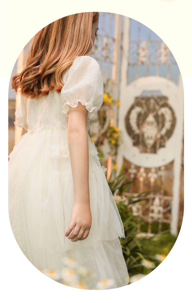 Little Deeyoo - 方領公主袖網紗蛋糕連身洋裝-米白色