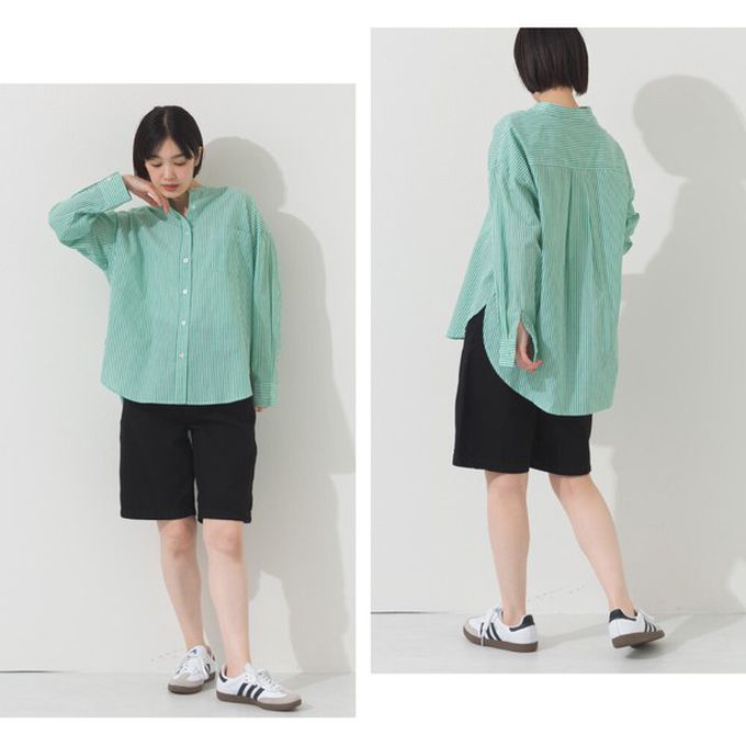 日本 OMNES - 純棉 俐落條紋寬鬆感立領襯衫-海軍藍