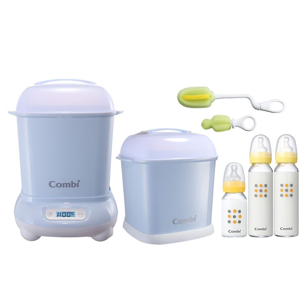 日本 Combi - Pro 360高效消毒烘乾鍋-超值優惠組 J-靜謐藍-消毒鍋+保管箱+刷具組+標準玻璃奶瓶2大1小