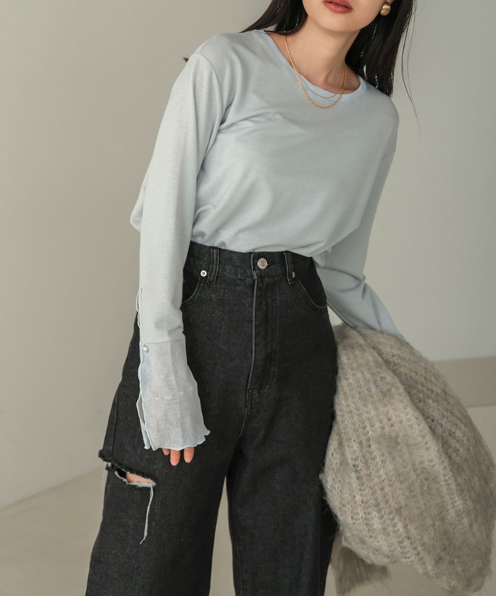 日本 Bab - 楊柳拼接珍珠薄長袖上衣-米杏