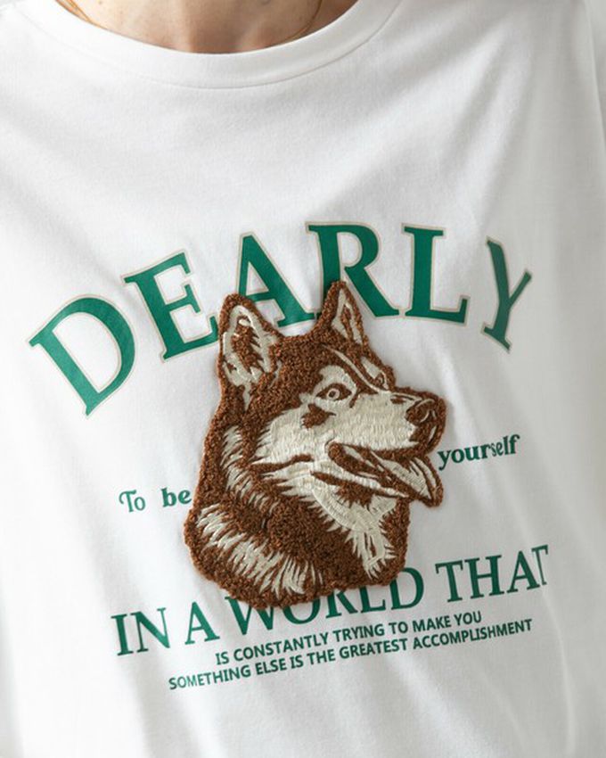 日本 gleam - 相良刺繡哈士奇印花帥氣長袖T恤-海軍藍