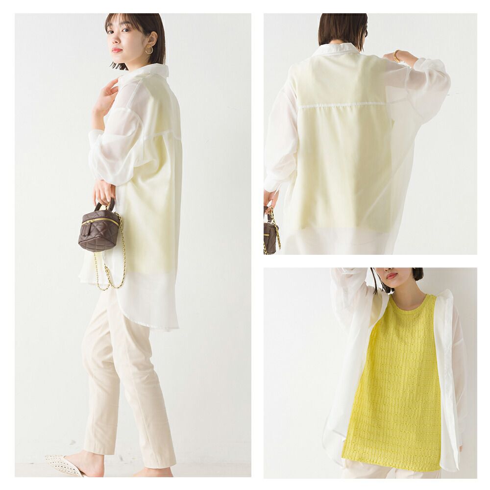 日本 OMNES - 透感前短後長翻領長袖襯衫-米杏