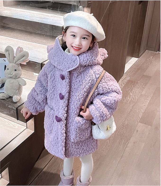 love, charlotte - 羔羊絨連帽熊耳朵中長版外套-香芋紫色