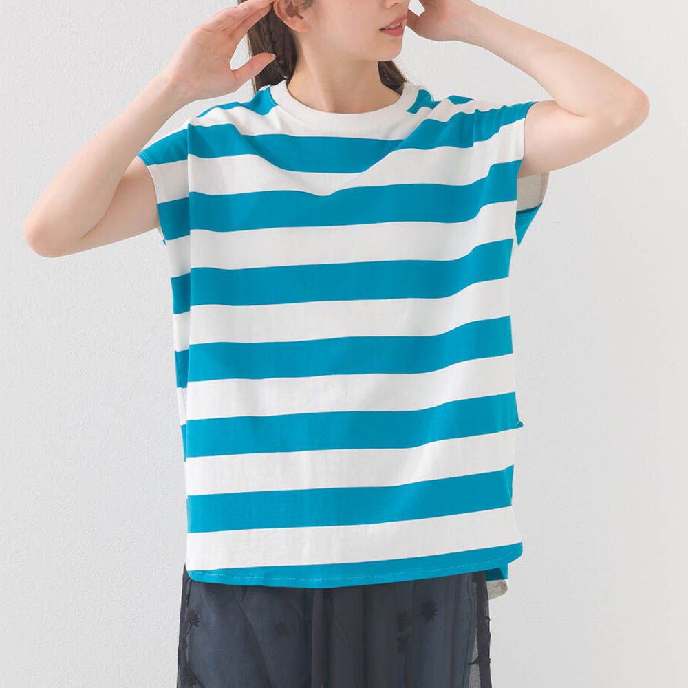 接觸冷感 純棉不易皺法式袖上衣-粗條紋-藍綠x白
