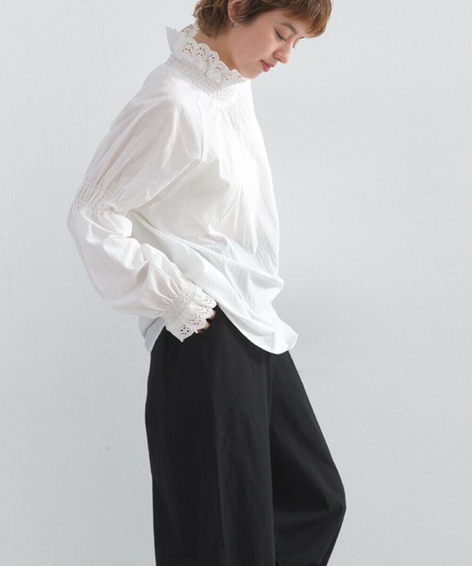 日本 Lupilien - 100%棉 典雅貝殼蕾絲宮廷長袖上衣-白
