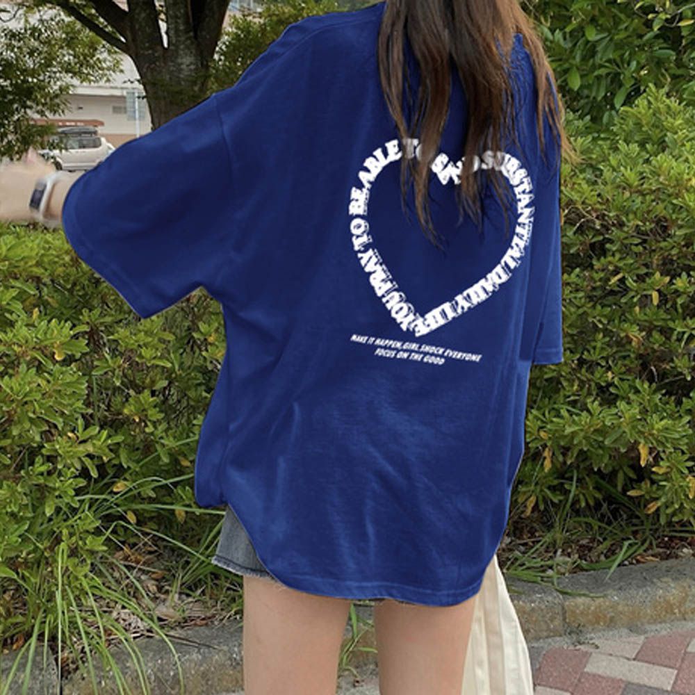 背後大愛心刺繡寬鬆長版T恤-藍 (F)