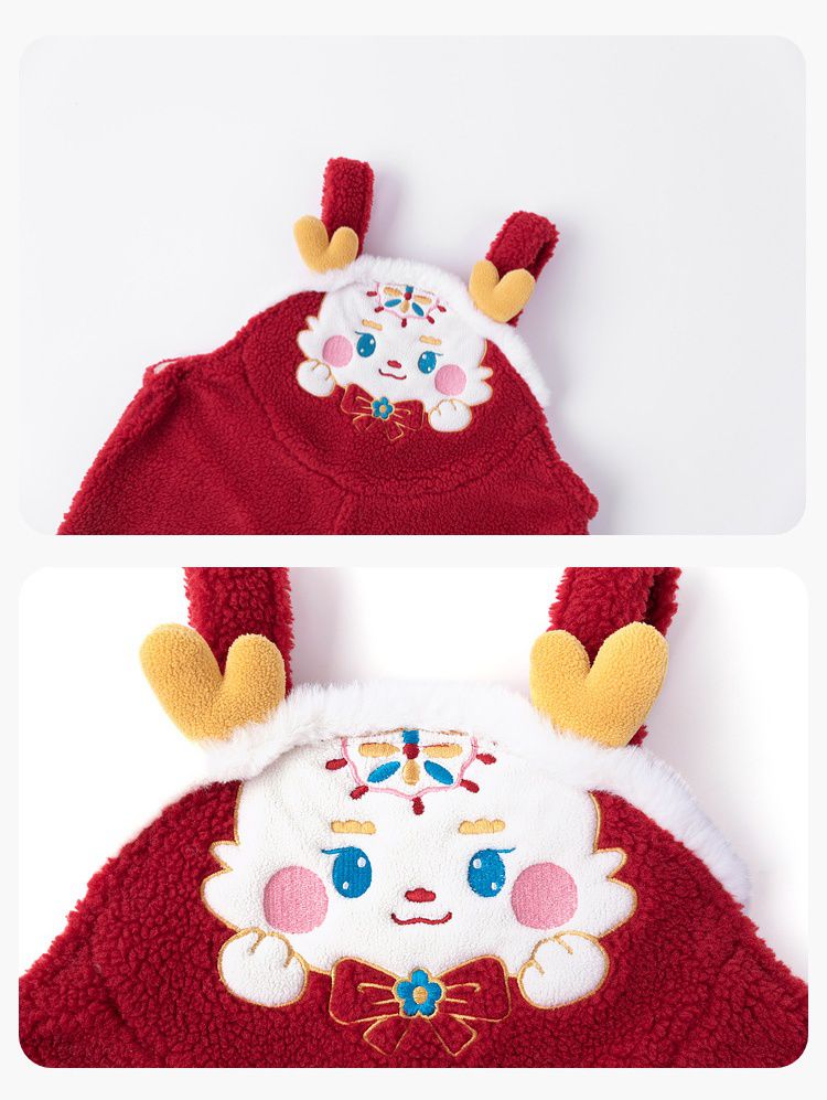 喜氣拜年毛絨暖暖造型吊帶長褲-立體紳士龍寶寶-紅色