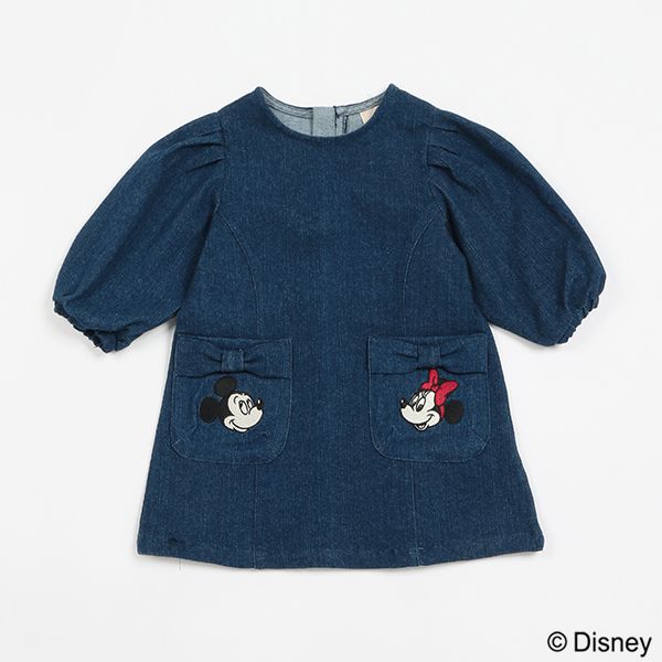 日本 petit main - 聯名款 俏麗蝴蝶結口袋長袖洋裝-丹寧藍