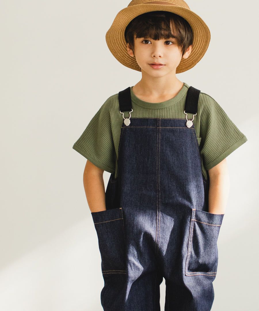 日本 PAIRMANON - 撞色大口袋吊帶褲(孩子)-丈青