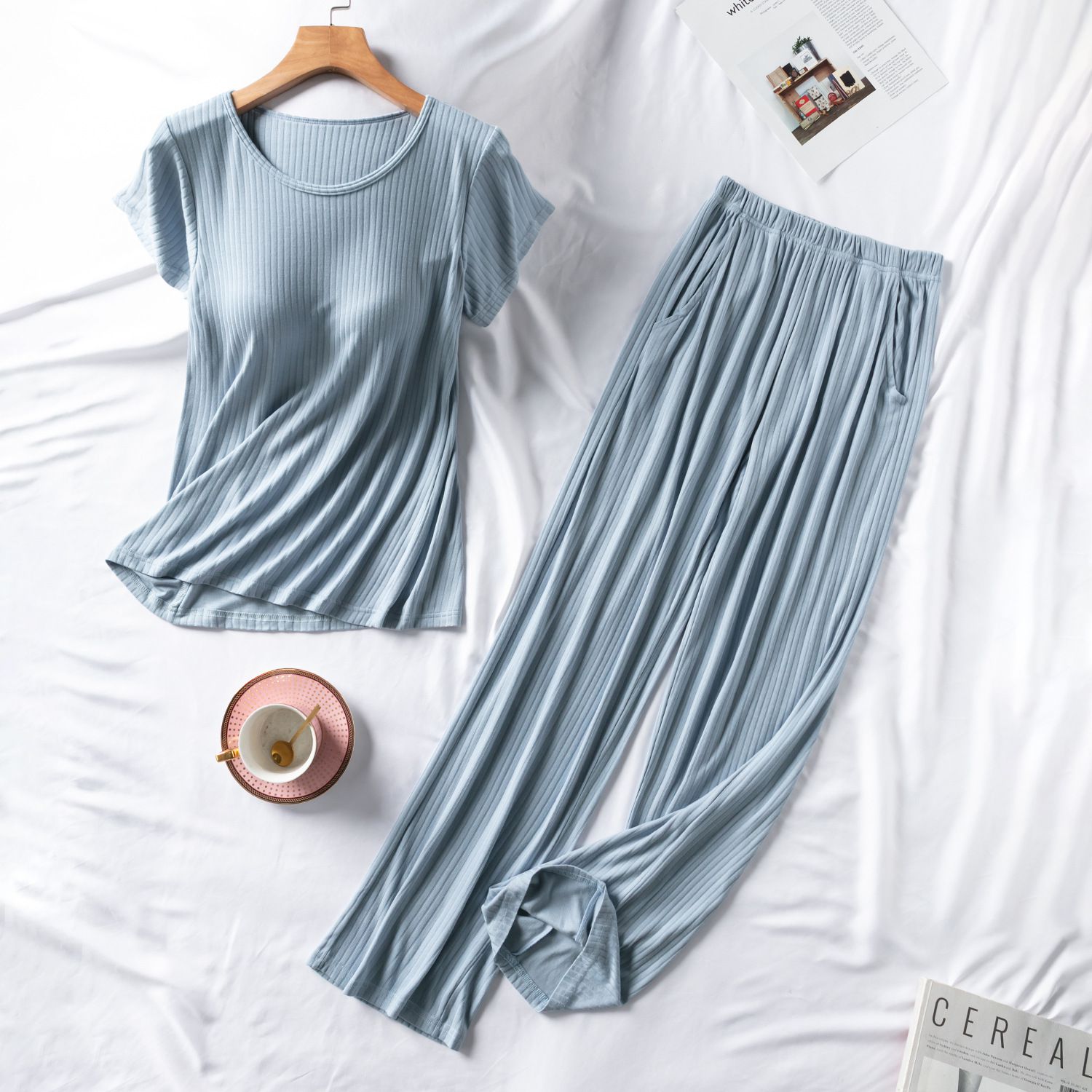 螺紋莫代爾Bra T 短袖家居服套裝-長褲款-粉色