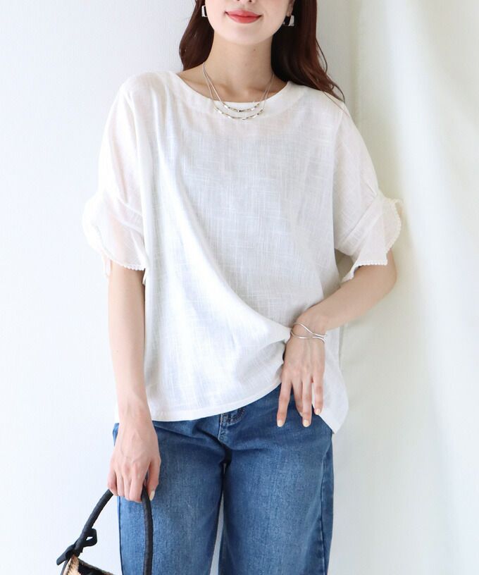 日本 BLUE EAST - 棉麻透氣涼爽短袖上衣-米杏