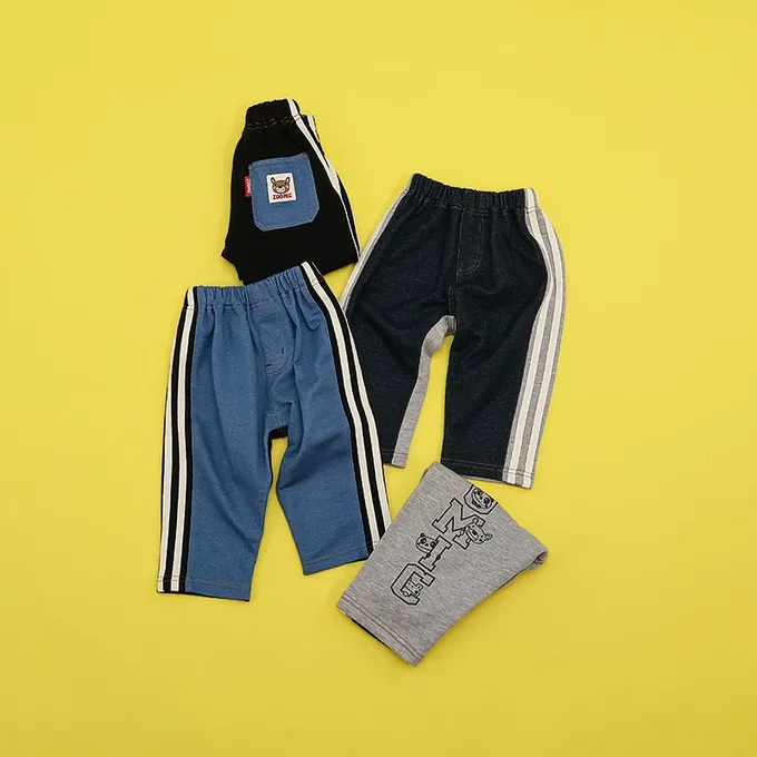 日本 ZOOLAND - 背後熊熊logo側條紋休閒長褲-中藍