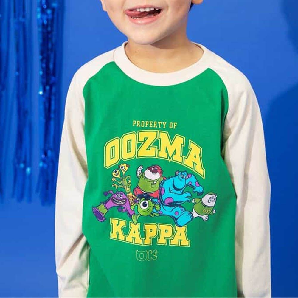 聯名款 100%棉印花長袖上衣-卡通怪獸電力公司-綠X白