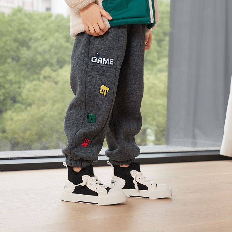 加絨腰鬆緊休閒保暖束口長褲-GAME-深灰色