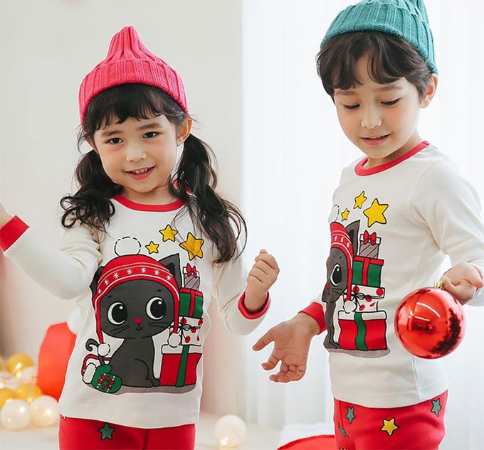 正韓 Puco - 超優質嬰幼兒/兒童長袖100% 有機純棉家居服/睡衣-聖誕貓貓