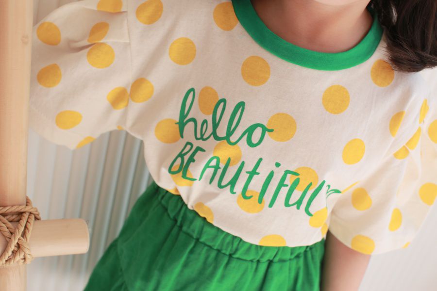 韓國 Dalla - 波點泡泡袖純棉T-黃波點