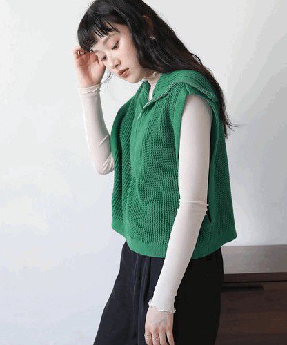 日本 Bou Jeloud - 拉鍊翻領針織背心-黑