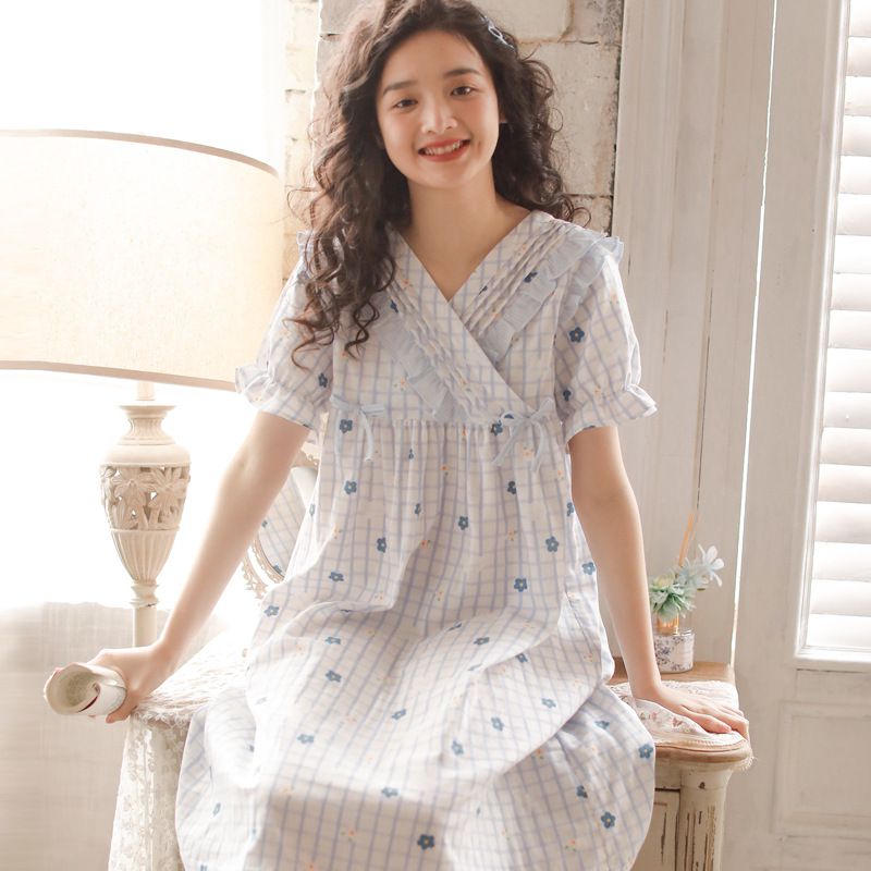 雙層棉紗布透氣短袖睡裙-小花格紋-粉紫色