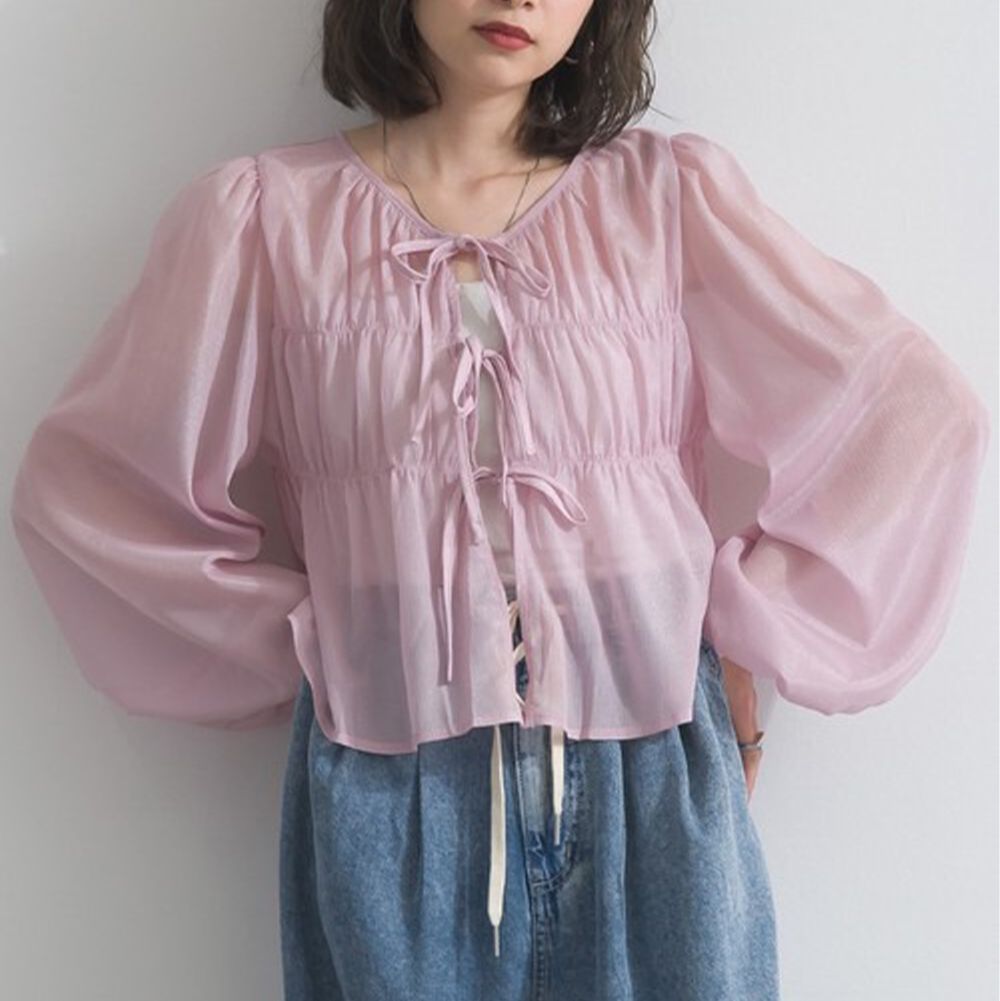 前後2way高雅光澤楊柳紗長袖上衣-粉紅