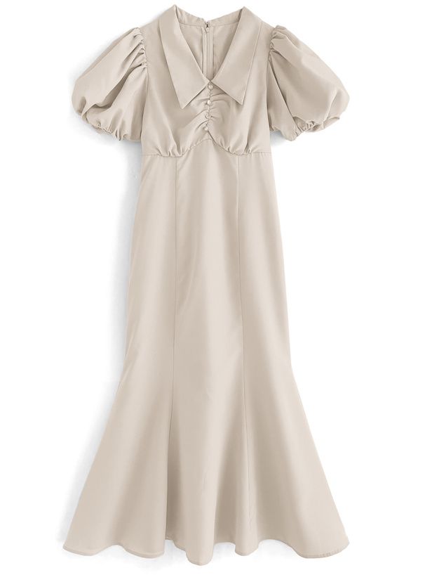 日本 GRL - 優雅翻領澎澎袖魚尾洋裝-淺米杏