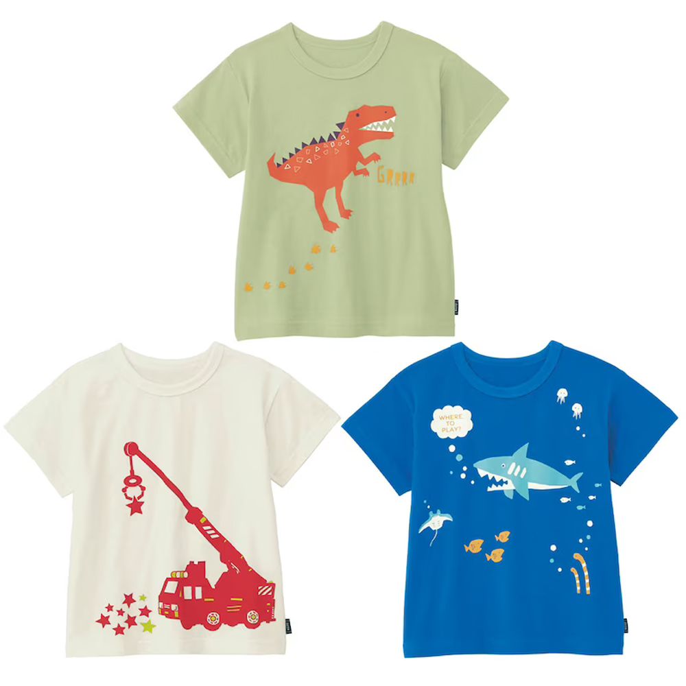 日本千趣會 - GITA 超值印花T恤三件組-恐龍x鯊魚x車車