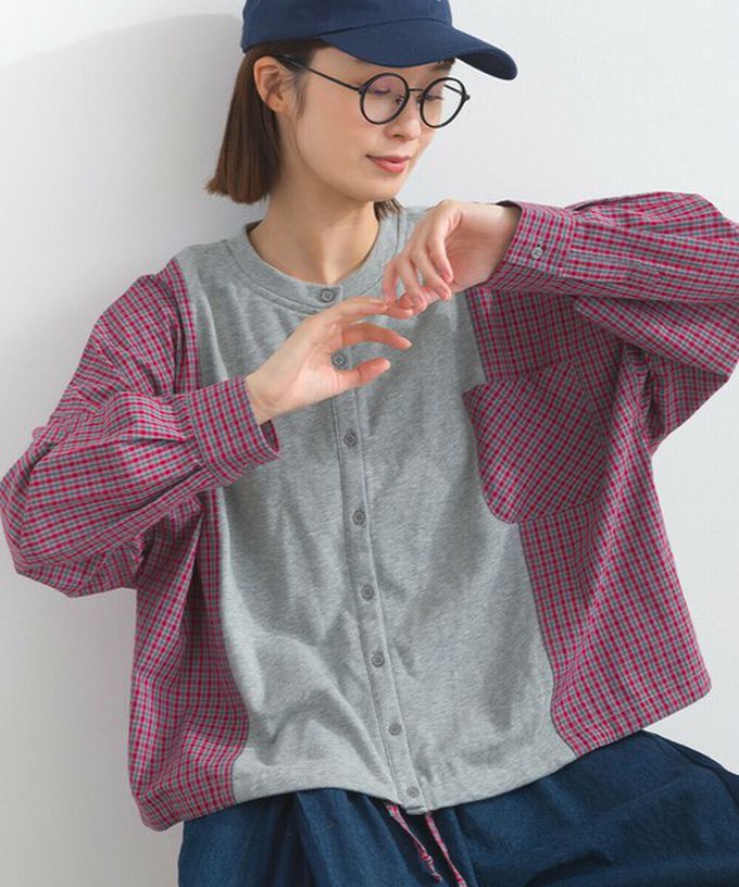 日本 Lupilien - 可愛格子拼接裏毛休閒襯衫-黑白